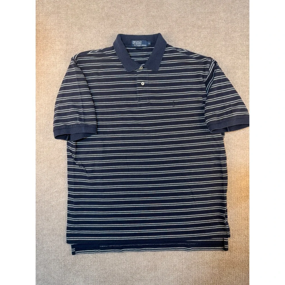 Polo Ralph Lauren Mens XL Navy Blue White Striped Short Sleeve Cotton Polo Shirt